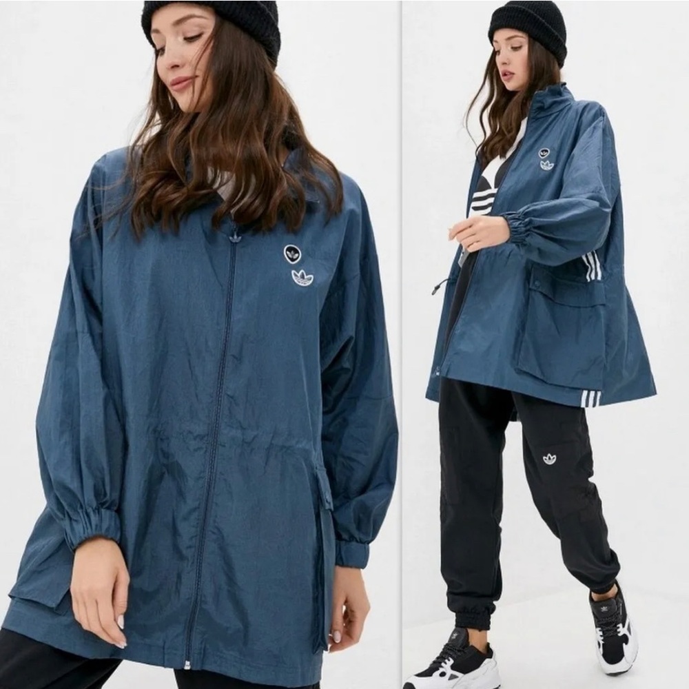 New  Adidas Originals Three Stripes FU3777 Long Windbreaker Jacket Sz Medium